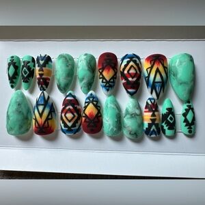 Western Pattern Press On Nails! Hand Painted Western Blanket & Turquoise Pattern